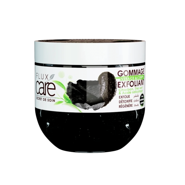FLUX CARE GOMMAGE VISAGE ET CORPS CHARBON THE  VERT ET ACIDE SALICYLIQUE